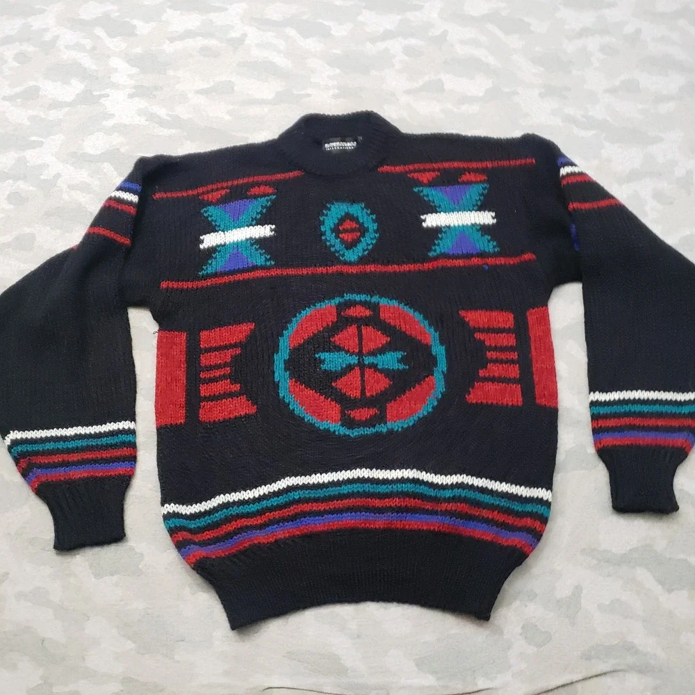 Vintage Expressions International Sweater Mens Large Black Pullover Geometric